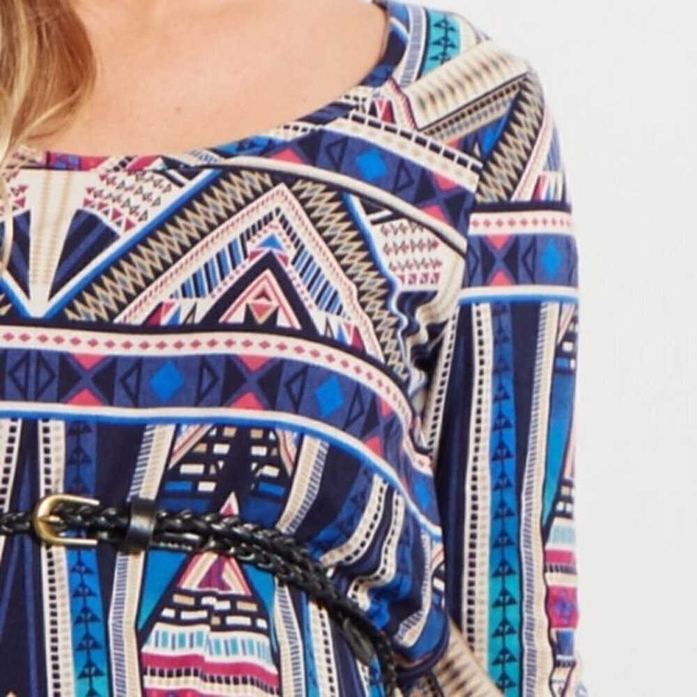 NEW PinkBlush Maternity Navy Tribal Belted Dress - Picture 4 of 15